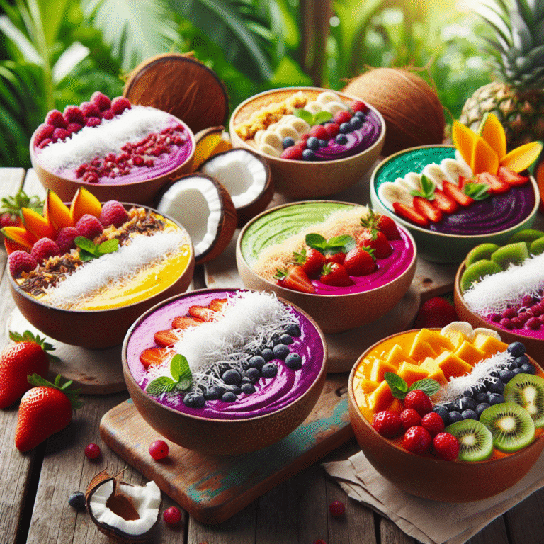 tropical smoothie bowls with coconut topping